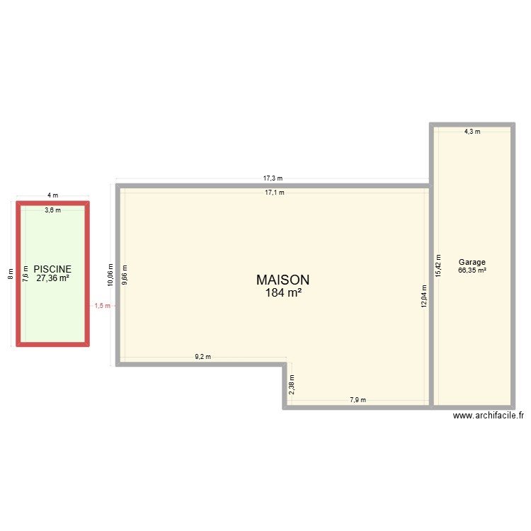 Piscine BOUDEAU. Plan de 3 pièces et 278 m2