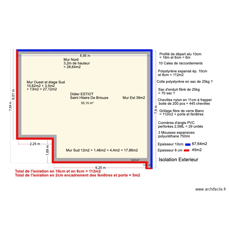 Isolation extérieur . Plan de 3 pièces et 55 m2