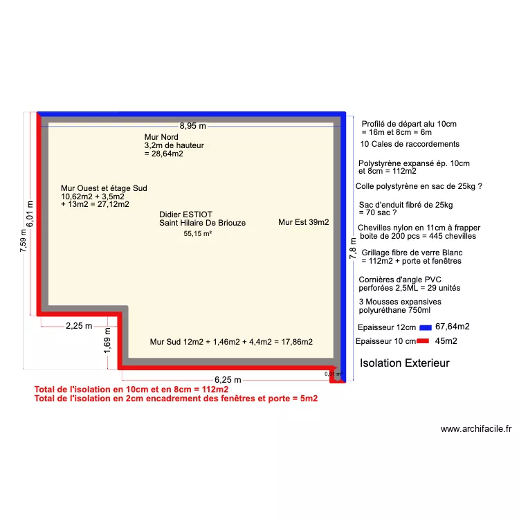 Isolation ext&eacute;rieur. Plan de 3  et 55 m²