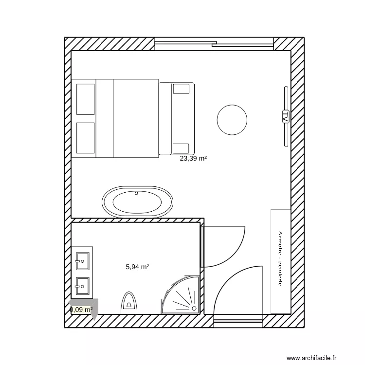 chambre d'hotel. Plan de 3  et 29 m²