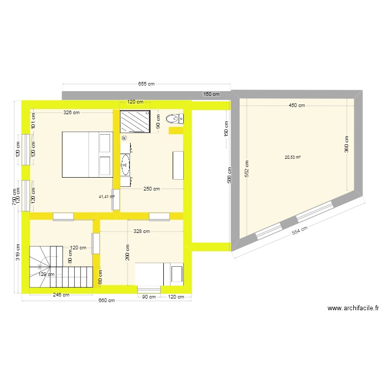 Vue plan etage 1 projet extension WWM02.25 Eghezée. Plan de 2 pièces et 62 m2