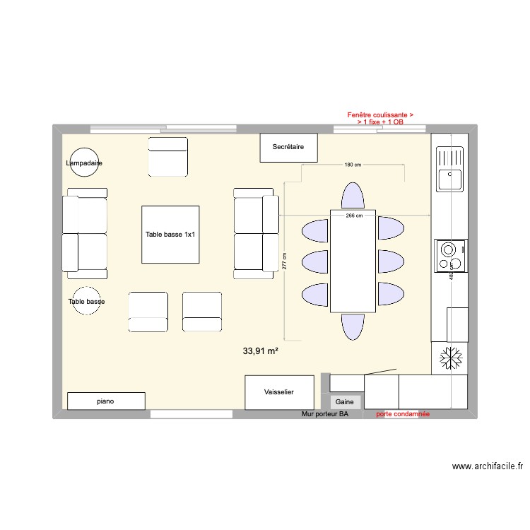 Cuisine variante Darty. Plan de 2 pièces et 34 m2