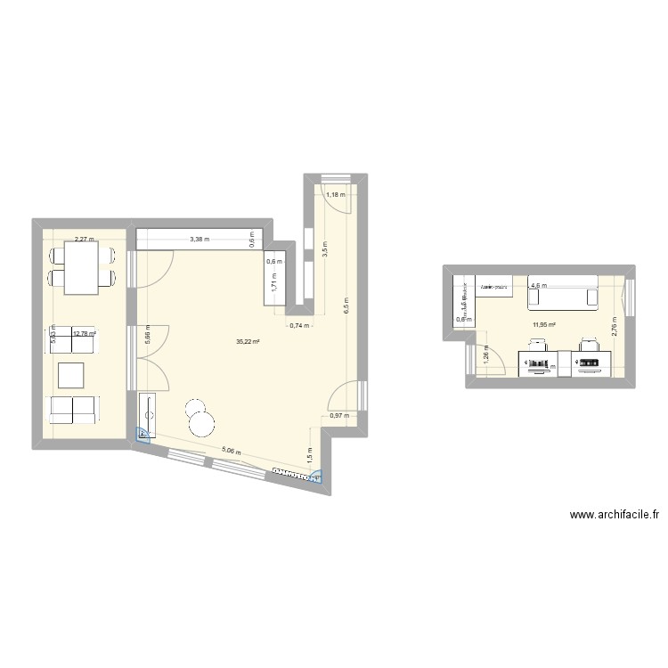 Appart (chambre). Plan de 3 pièces et 60 m2