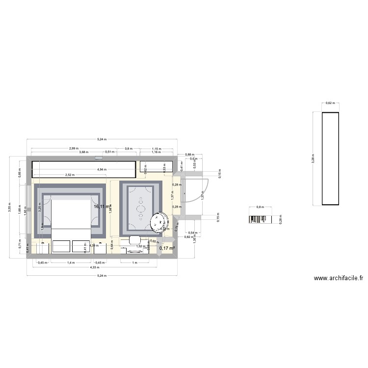 chambre Drolet. Plan de 2 pièces et 16 m2