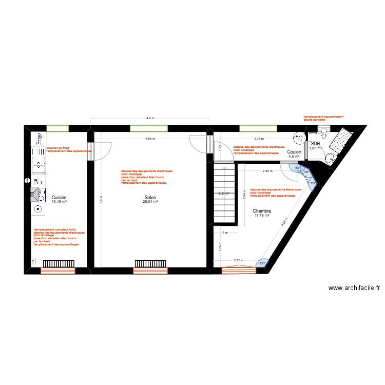 Doucet - appartement R+1 - électricité. Plan de 7 pièces et 60 m2