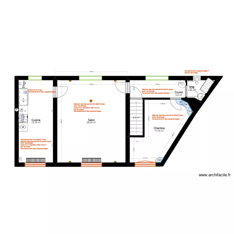 Doucet - appartement R+1 - &eacute;lectricit&eacute;. Plan de 7  et 60 m²