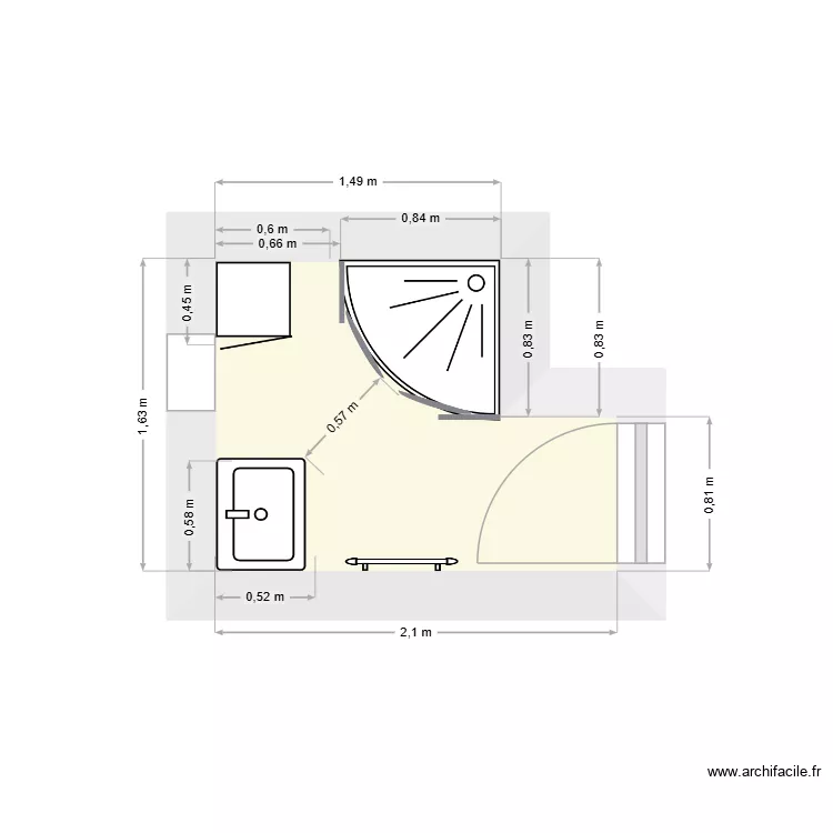 SDB CC3. Plan de 1  et 3 m²
