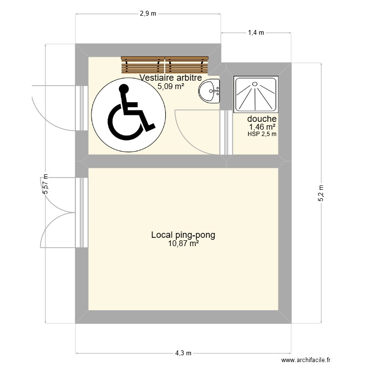 vestaire arbitre. Plan de 3 pièces et 17 m2