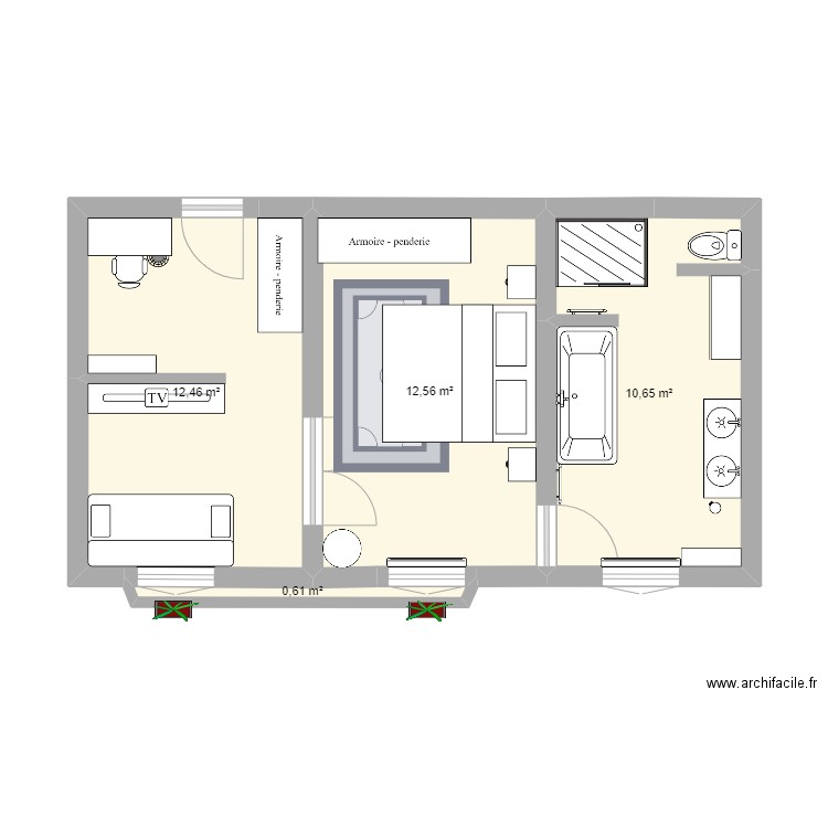 Chambre suite gentiane bleue. Plan de 4 pièces et 36 m2