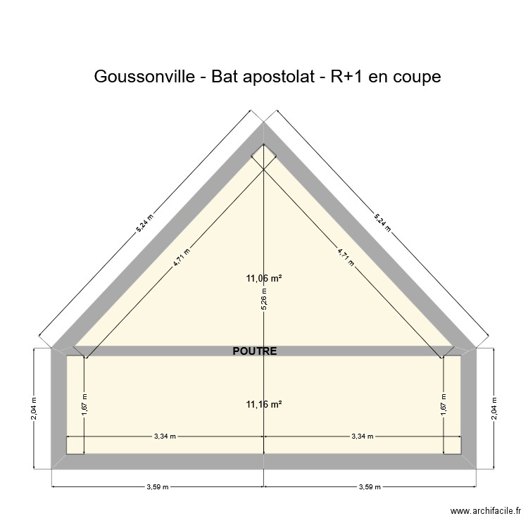 Goussonville - Bat apostolat - R+1 en coupe. Plan de 2 pièces et 22 m2