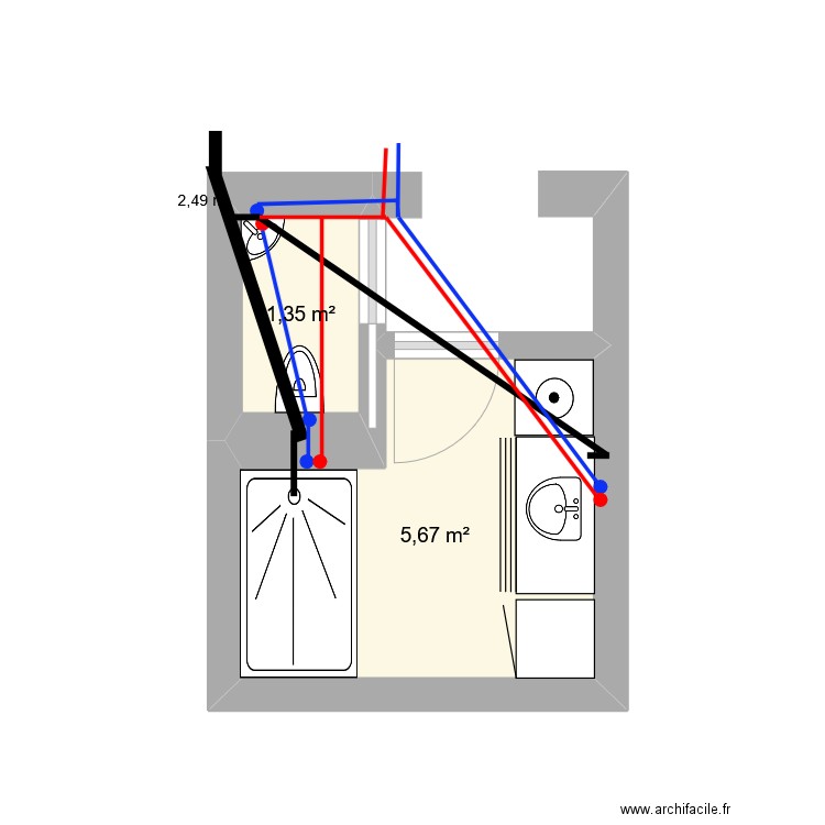 Plan SdB. Plan de 2 pièces et 7 m2