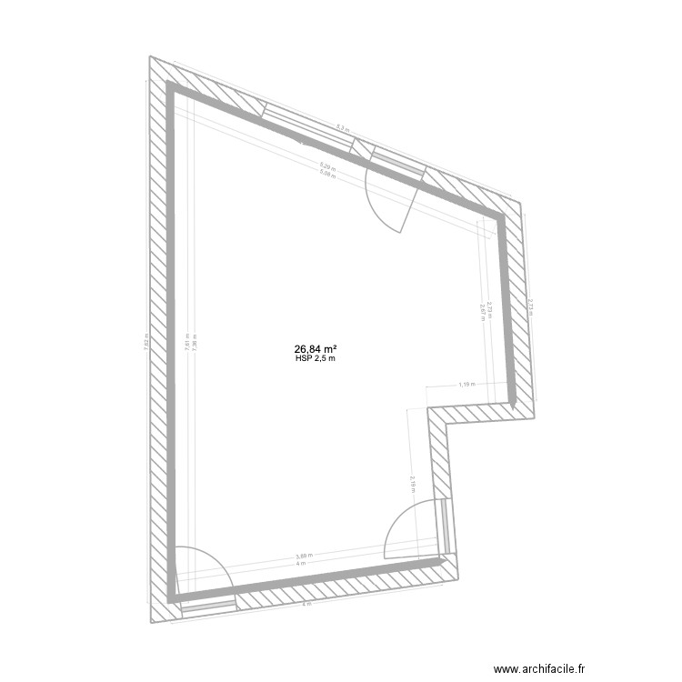 RDC grande loc côtés. Plan de 2 pièces et 27 m2
