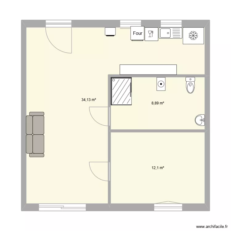 s&eacute;nior. Plan de 3 Pièces et 55 m²