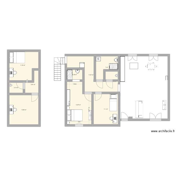 Les Bonnes. Plan de 9 pièces et 75 m2