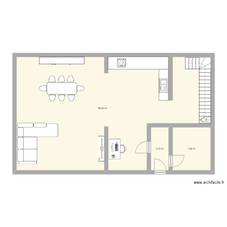 en bas. Plan de 3 pièces et 101 m2