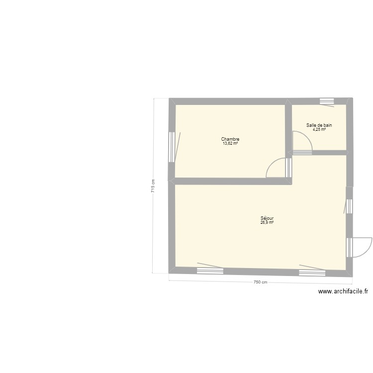 M 45 I cotes. Plan de 3 pièces et 45 m2