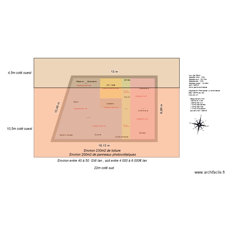 maison Eliane trapézoïdale toiture 03. Plan de 1 pièce et 129 m2