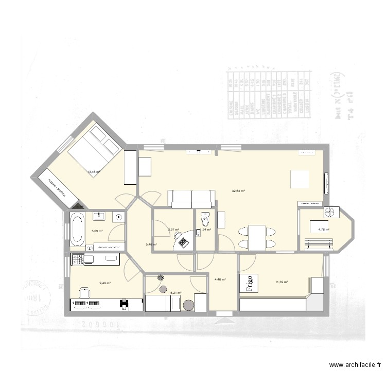 appartement fontaine. Plan de 12 pièces et 98 m2