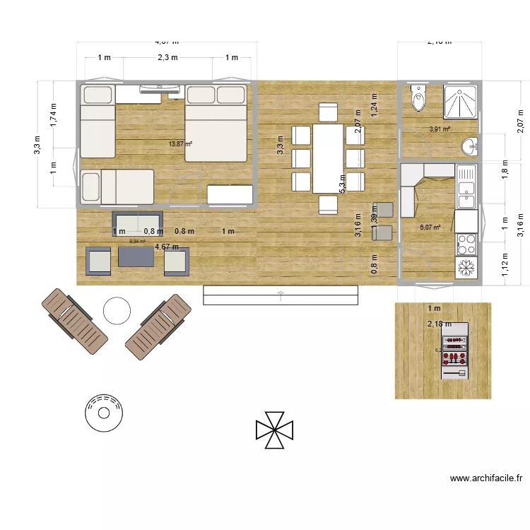 case. Plan de 3 Pièces et 24 m²