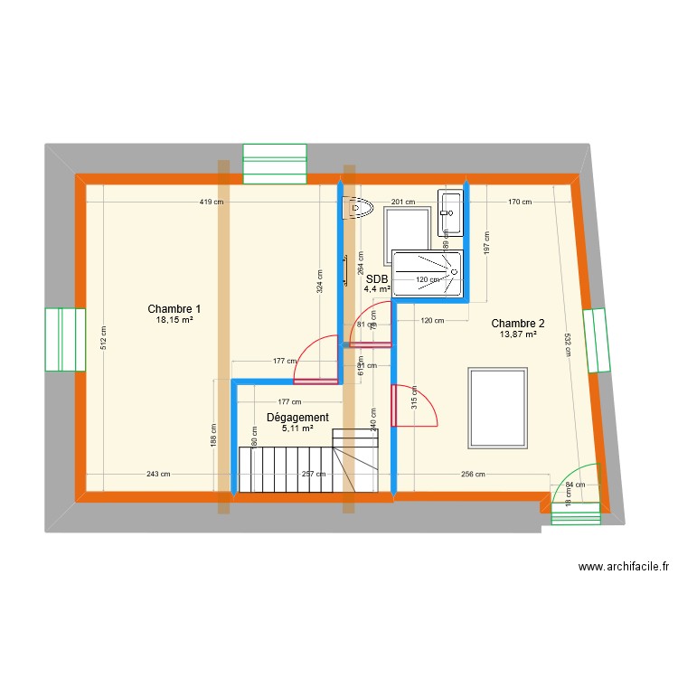 Viornery - Projet chambre RDC. Plan de 4 pièces et 42 m2