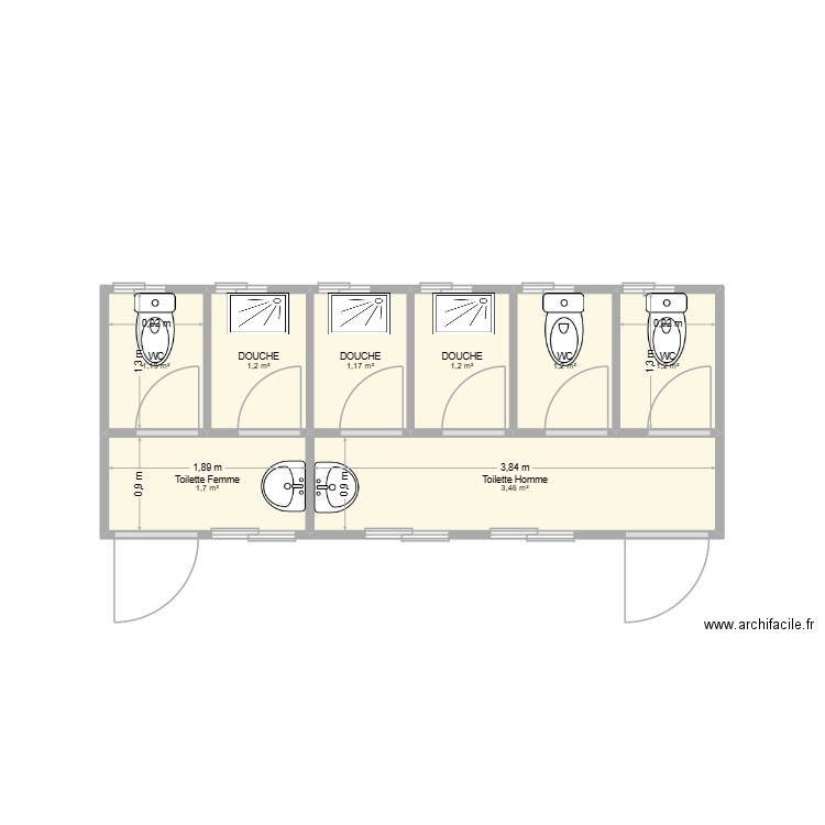 CONTENEUR TOILETTE 20 PIEDS DE 6 CABINES H/F. Plan de 8 pièces et 12 m2