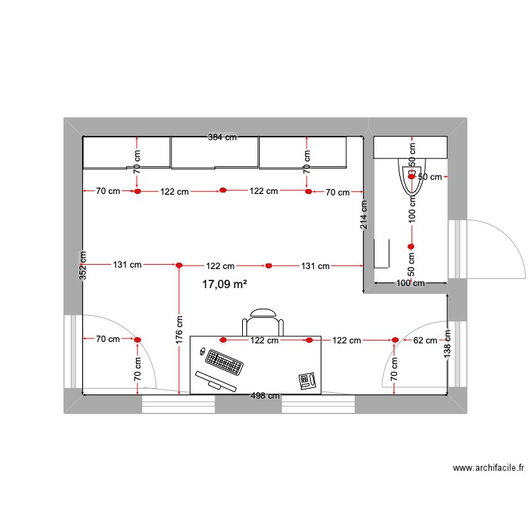 Eclairage bureau + WC. Plan de 1 pièce et 17 m2