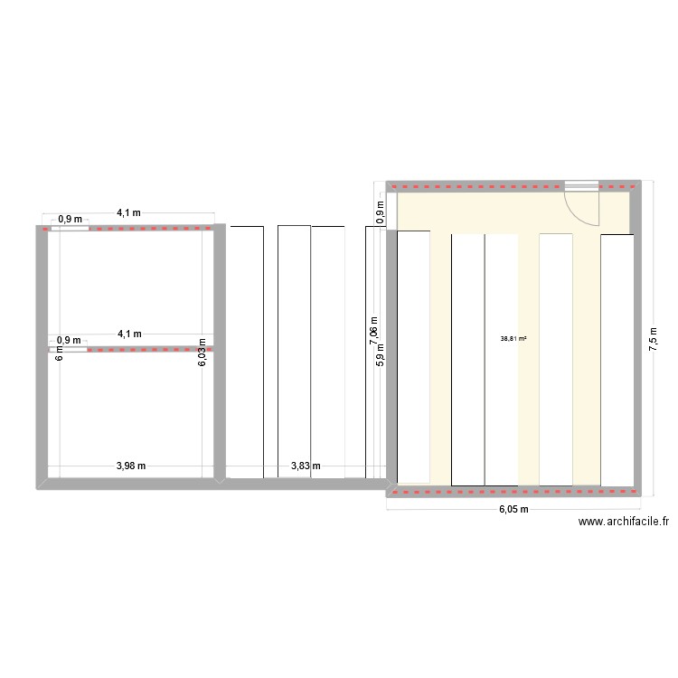 mag. Plan de 1 pièce et 39 m2