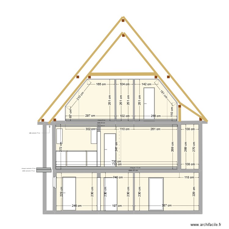 coupe A-A. Plan de 6 pièces et 56 m2