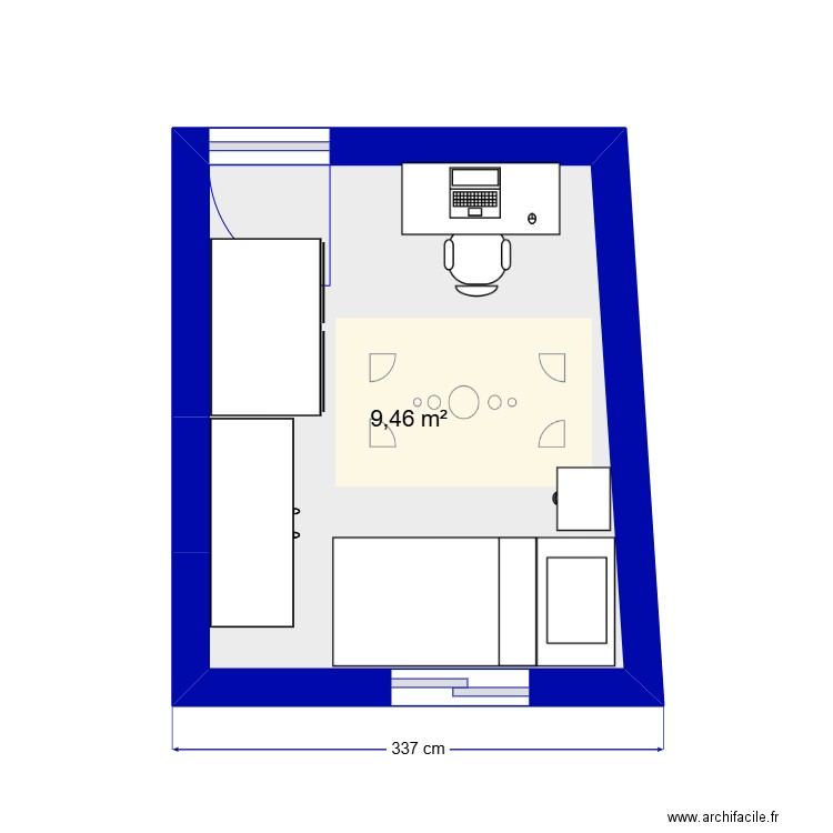 Chambre d'Hln. Plan de 1 pièce et 9 m2