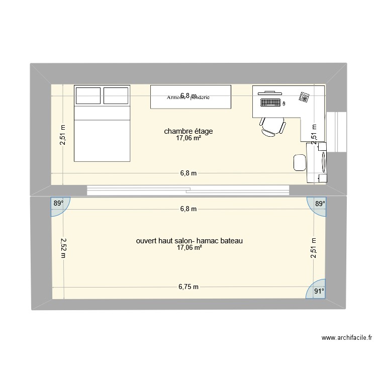 étage ouvert. Plan de 2 pièces et 34 m2