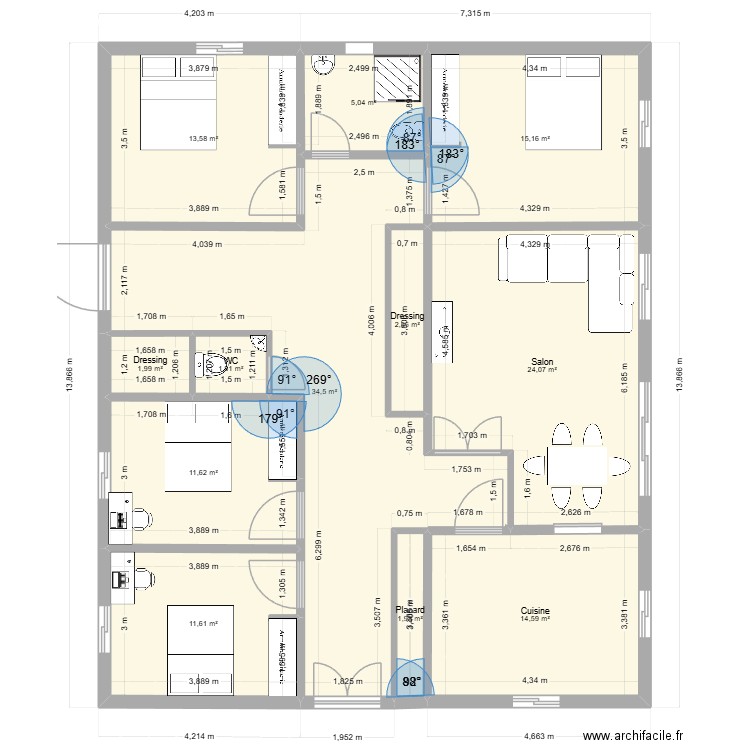 Plan Karine. Plan de 12 pièces et 139 m2