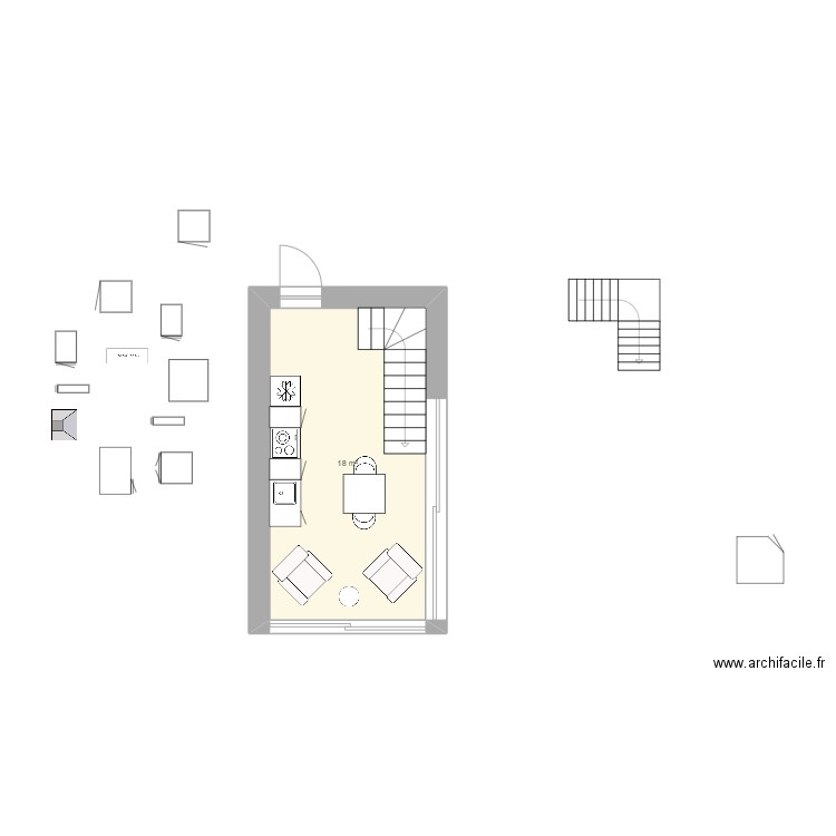 RDC. Plan de 1 pièce et 18 m2