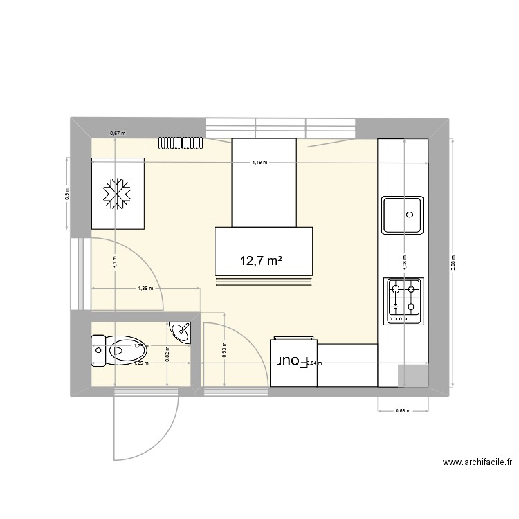 cuisine 2. Plan de 1 pièce et 13 m2