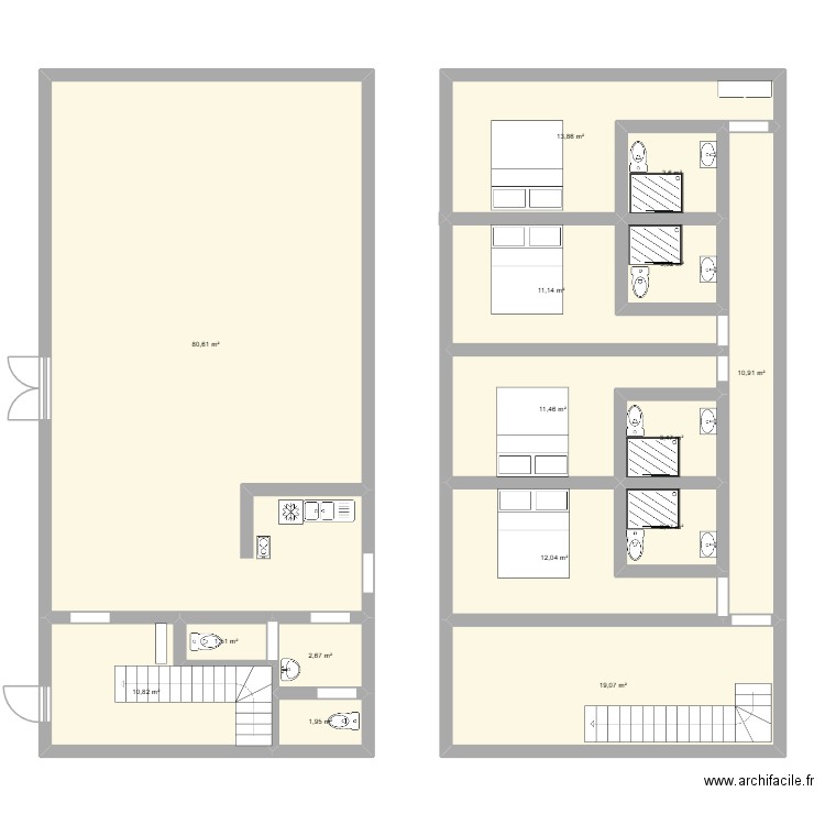 batiment 2. Plan de 15 pièces et 190 m2