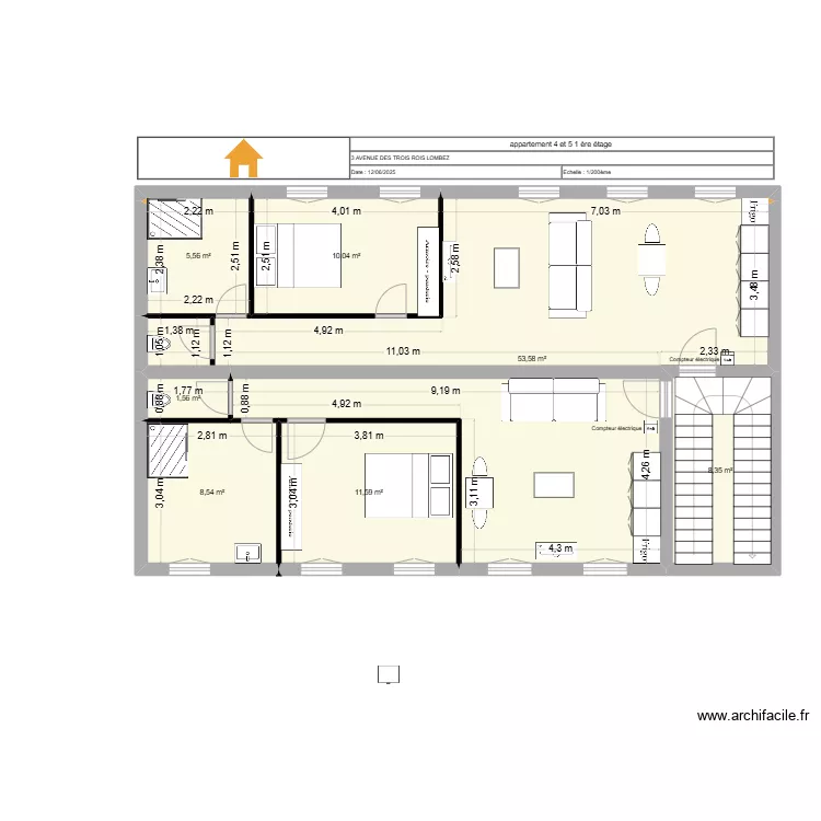 Plan 1 &eacute;re &eacute;tage CHANTIER LOMBEZ APPT 3 ET 4. Plan de 