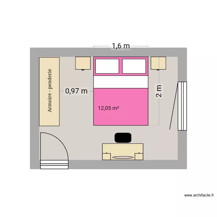 Chambre. Plan de 1 pièce et 12 m²