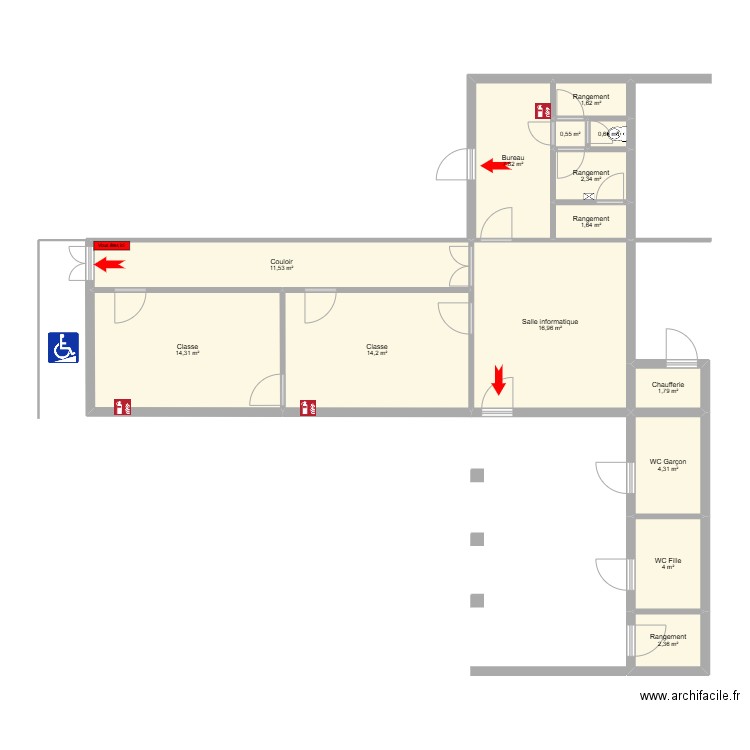 Ecole du Creux. Plan de 14 pièces et 84 m2