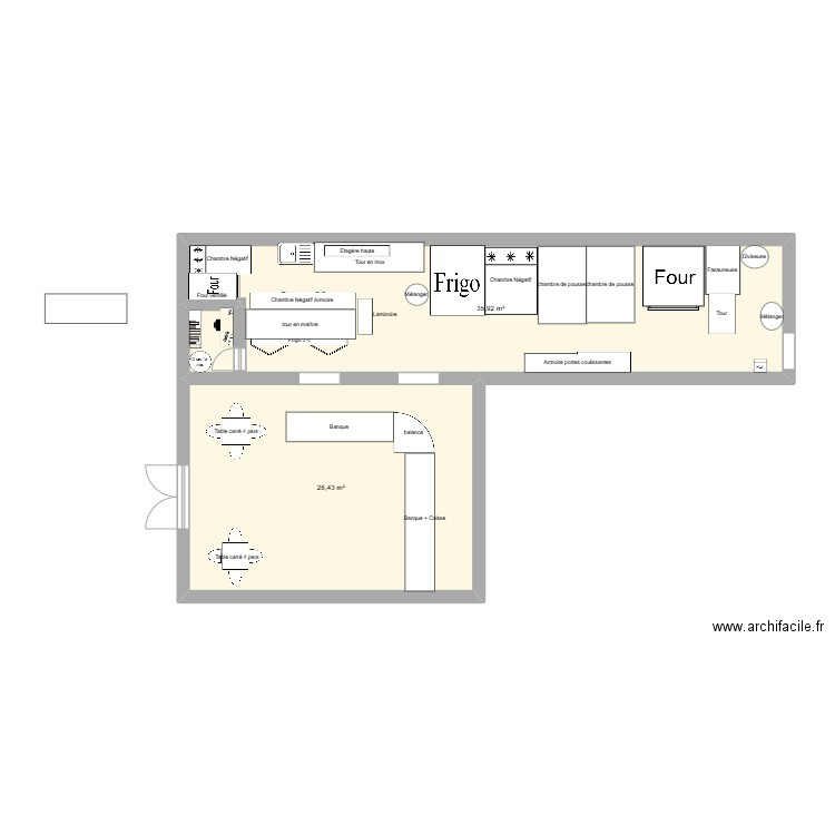 boulangerie . Plan de 2 pièces et 64 m2