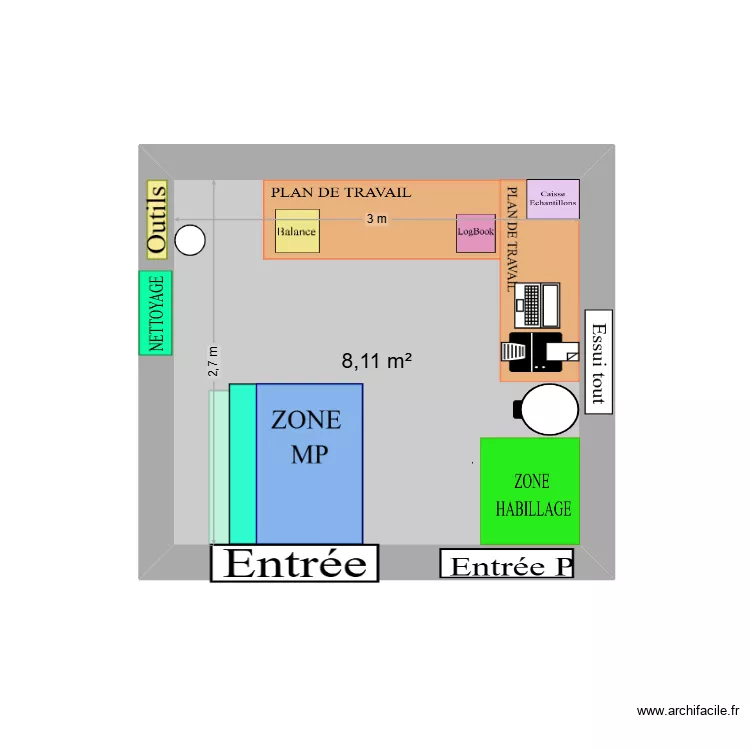 Option 1: plan  avec paillasse en L (vraies dimensions). Plan de 1  et 8 m²