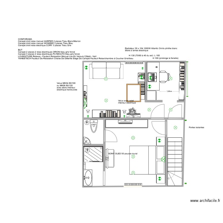 Salon et chambre. Plan de 5 pièces et 37 m2