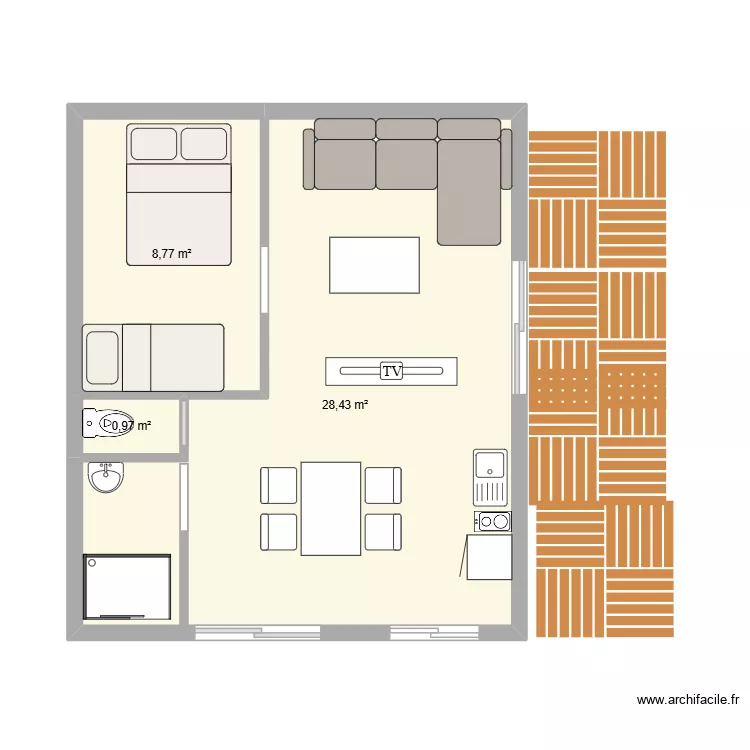 cabanon. Plan de 3  et 38 m²