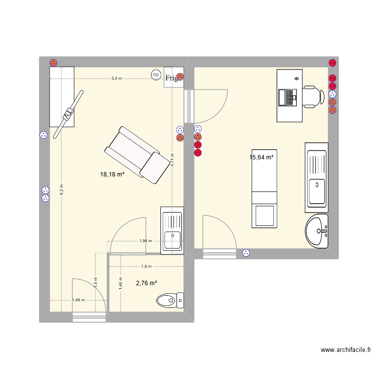 HTP médecine 2. Plan de 3 pièces et 37 m2