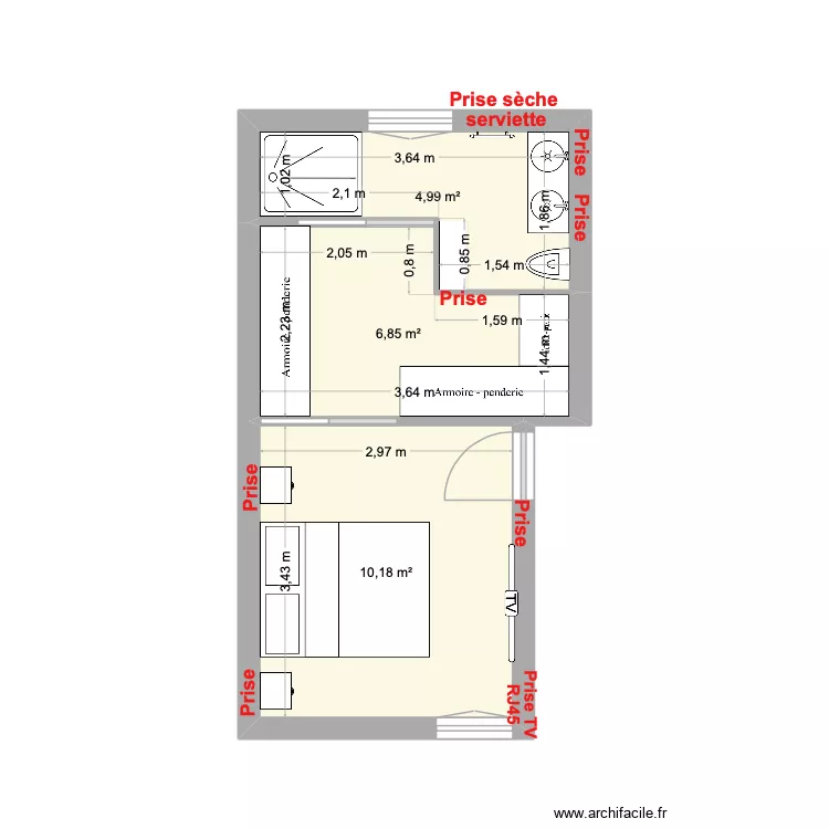 Suite parentale - plan. Plan de 3 pièces et 22 m²