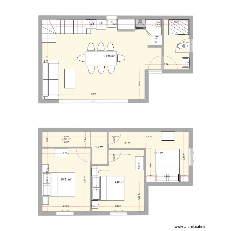 rdc run 3. Plan de 6 pièces et 100 m2