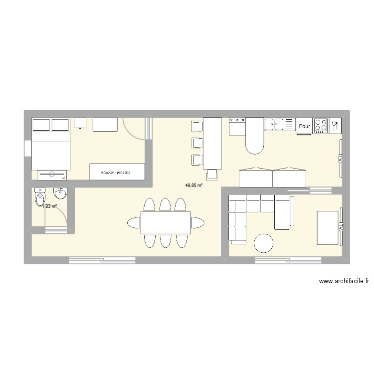 chacha. Plan de 2 pièces et 52 m2