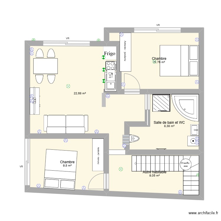 14GV 1ER. Plan de 5 pièces et 62 m2