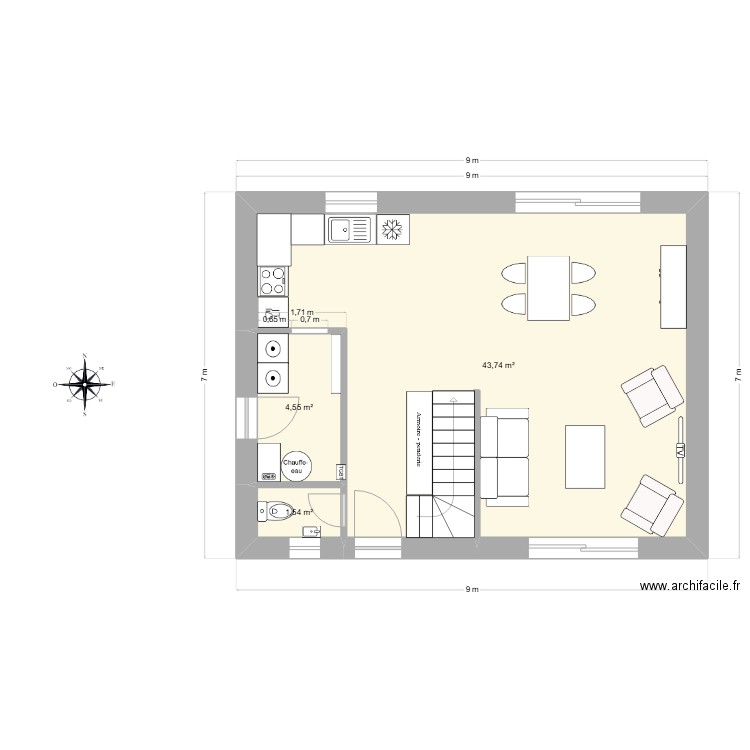 Etage. Plan de 3 pièces et 51 m2