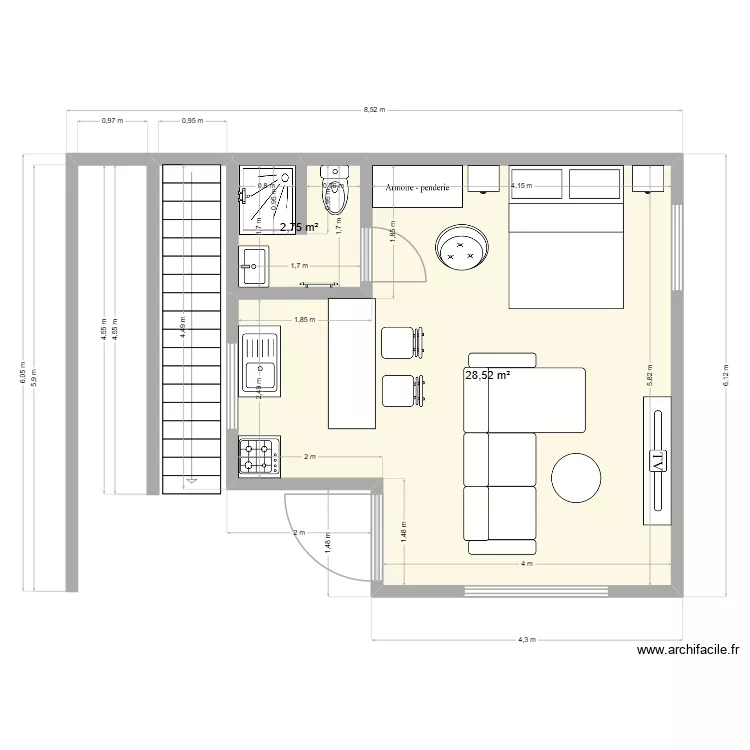 Studio Vaste au R2. Plan de 2 et 31 m² Studio Vaste au R2. Plan de 2 et 31 m²