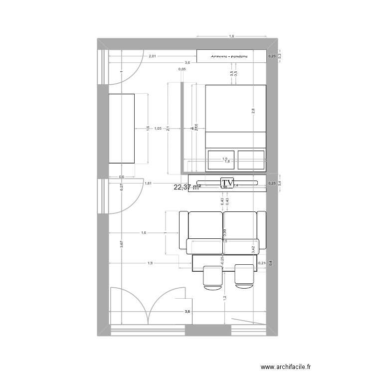 PLAN1. Plan de 1 pièce et 22 m2