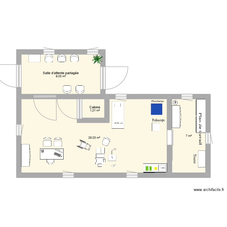 Cabinet Pédicure Podologue bis. Plan de 4 pièces et 45 m2